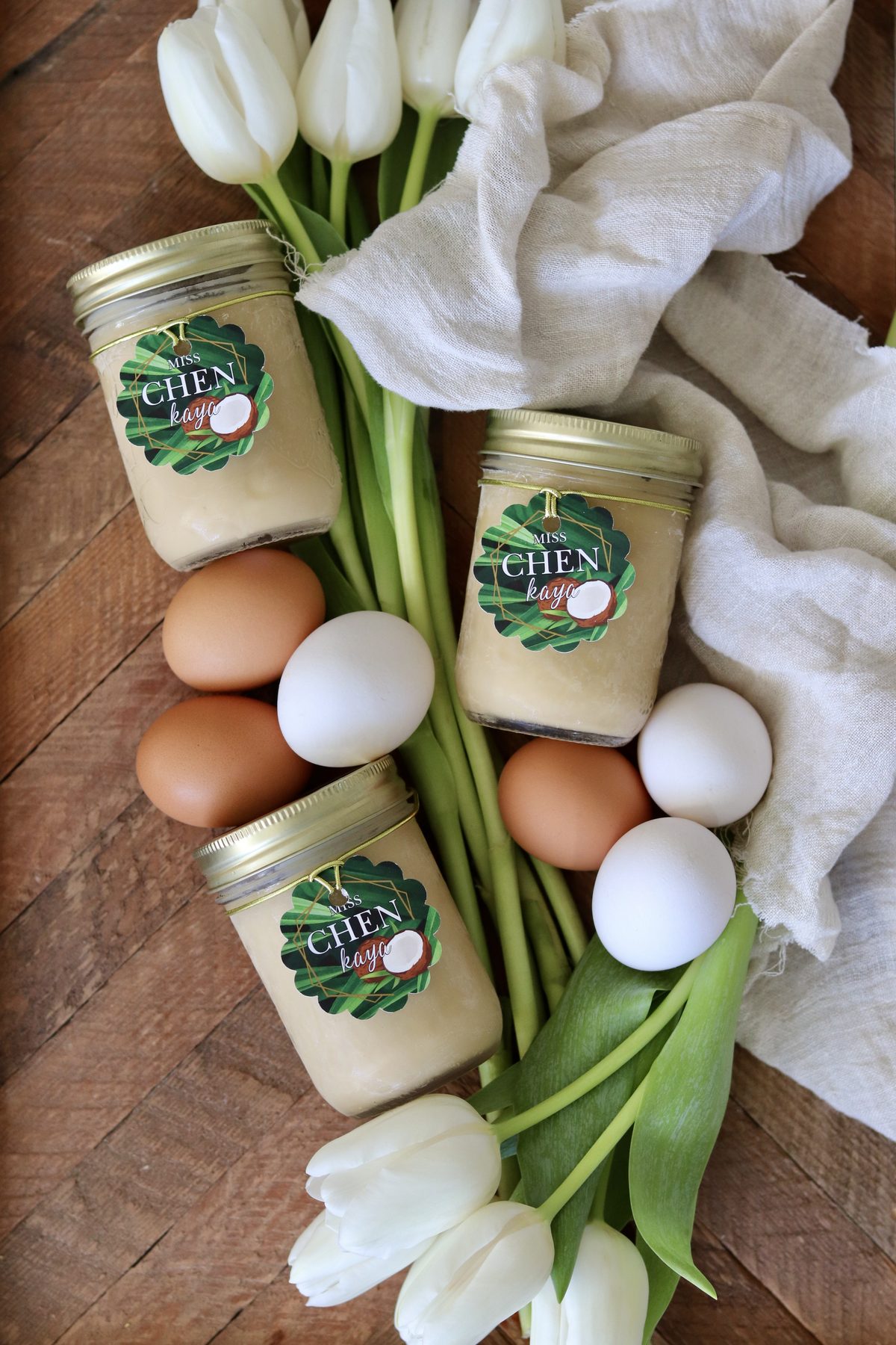 Miss Chen Kaya jars with tulips and eggs